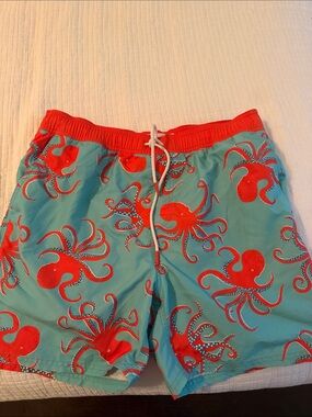 Boden Turquoise Swim Trunks with Red Octopus Print